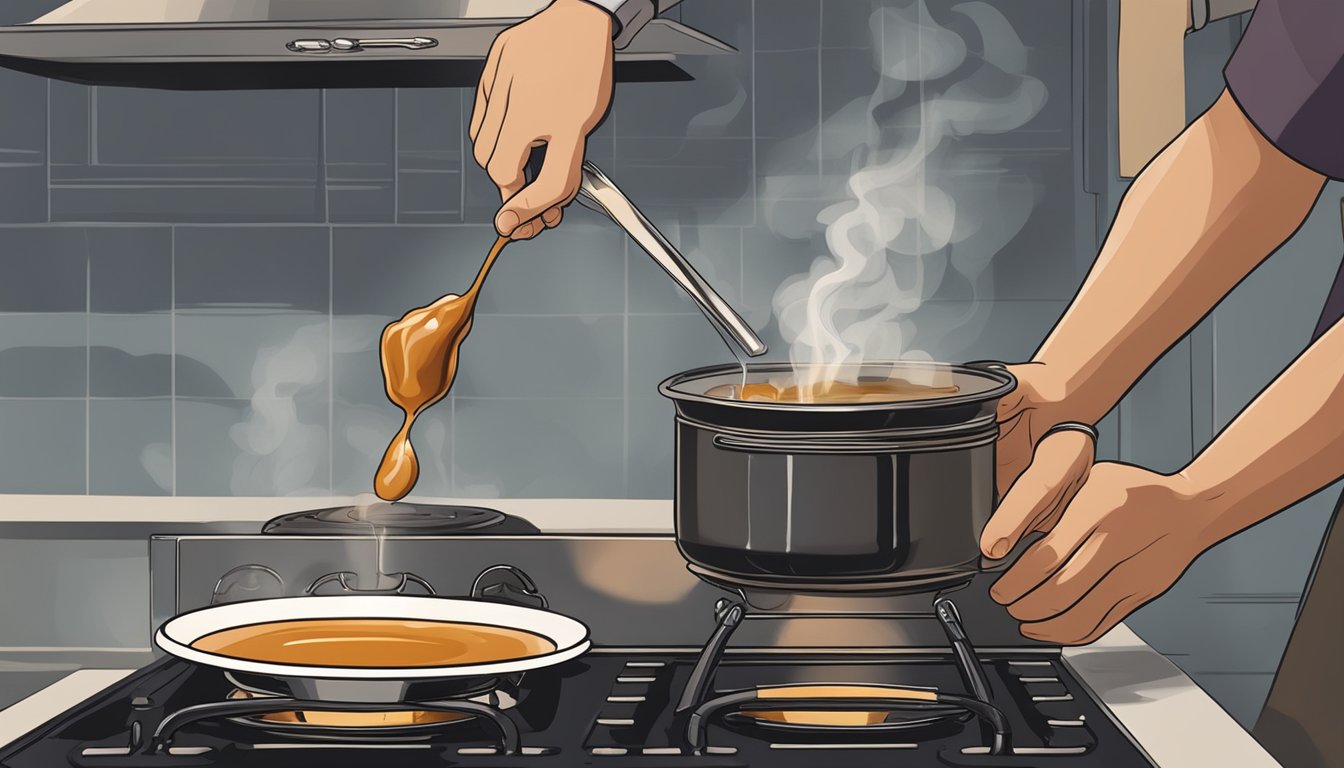 A hand reaching to rescue a pot of caramel from the stove, smoke rising