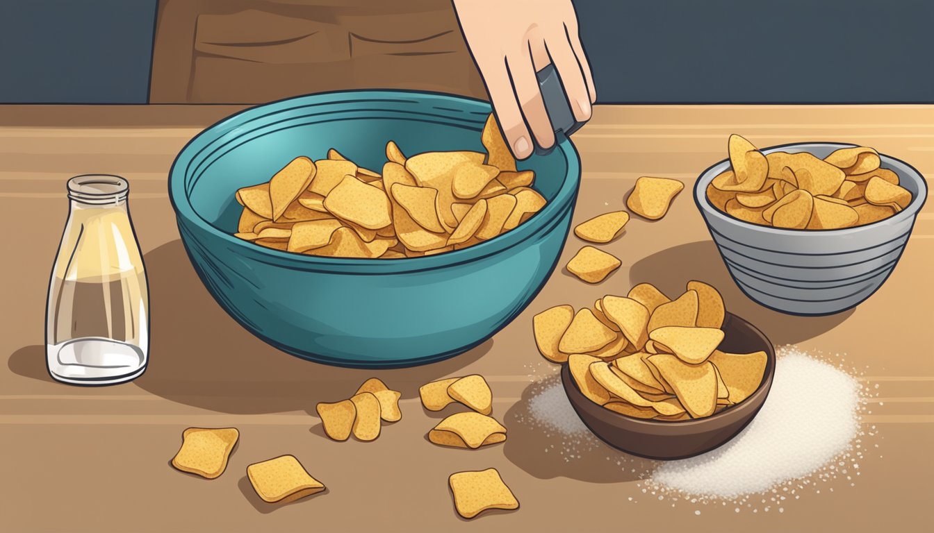 A hand pouring a bag of stale chips onto a baking sheet, next to a bowl of vinegar and a container of salt