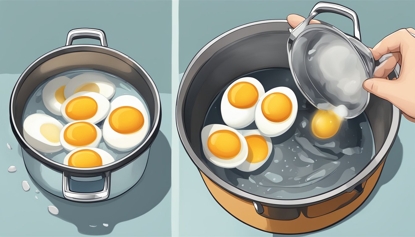 A pot of overcooked eggs being removed from boiling water