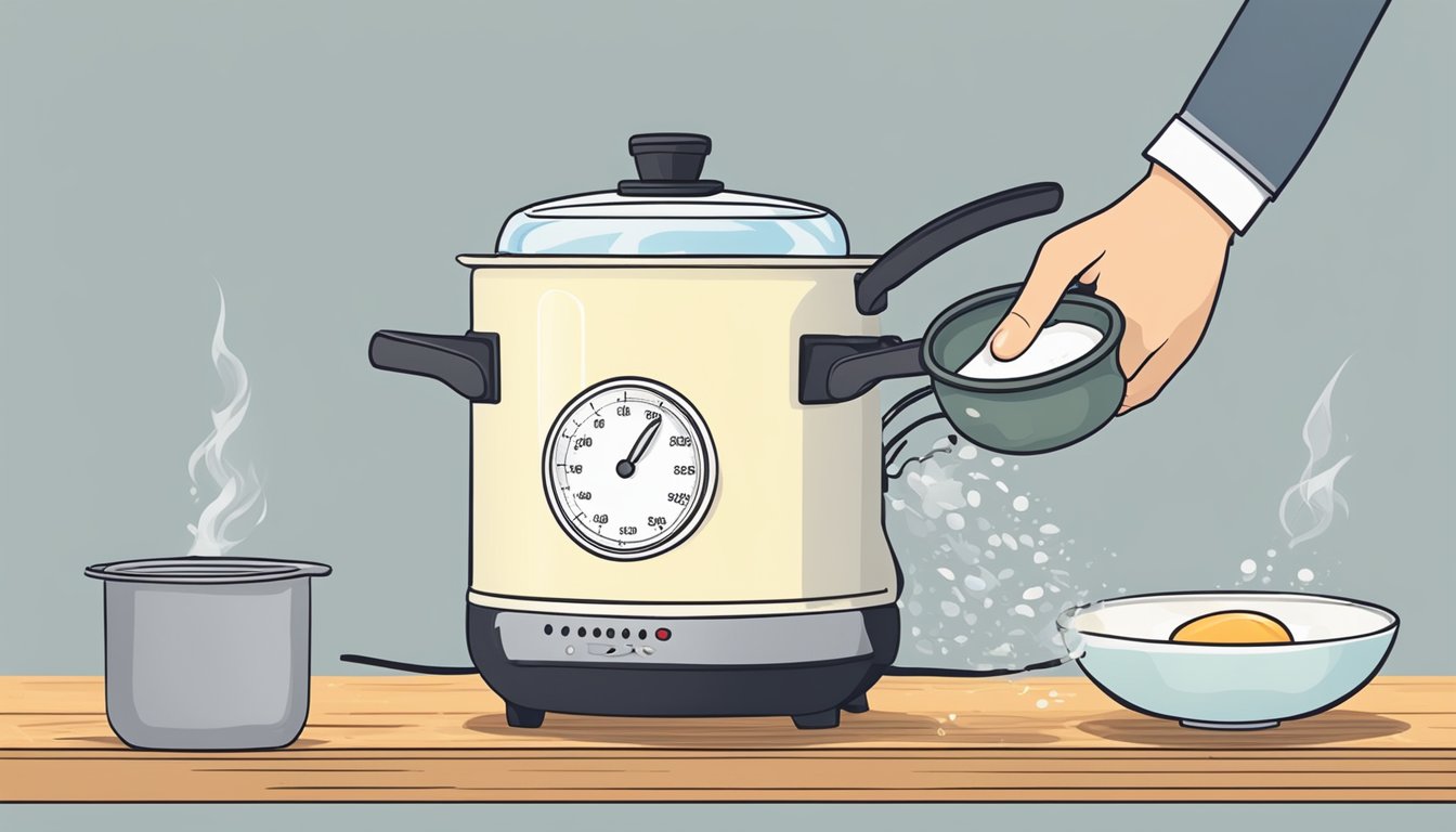 A timer beeping as a pot of boiling water is removed from heat, preventing overcooked eggs