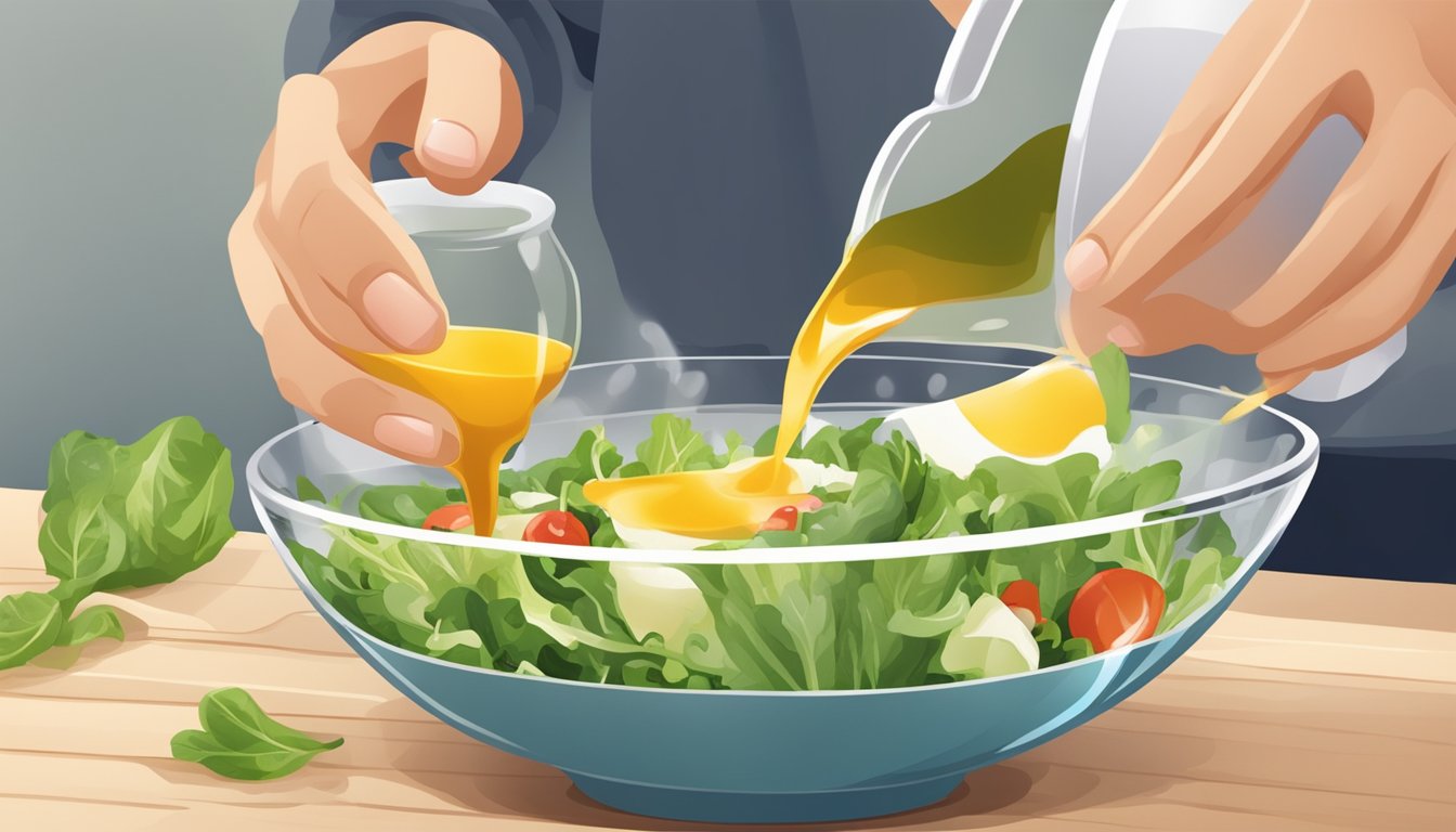 A hand pouring thickening agent into a bowl of watery salad dressing