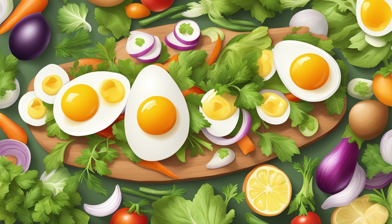 Overcooked eggs being creatively repurposed into a fluffy and flavorful egg salad, with a colorful array of fresh herbs and vegetables