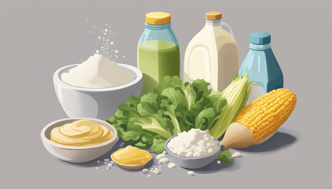 A bottle of watery salad dressing sits next to a pile of discarded ingredients, including cornstarch, flour, and xanthan gum