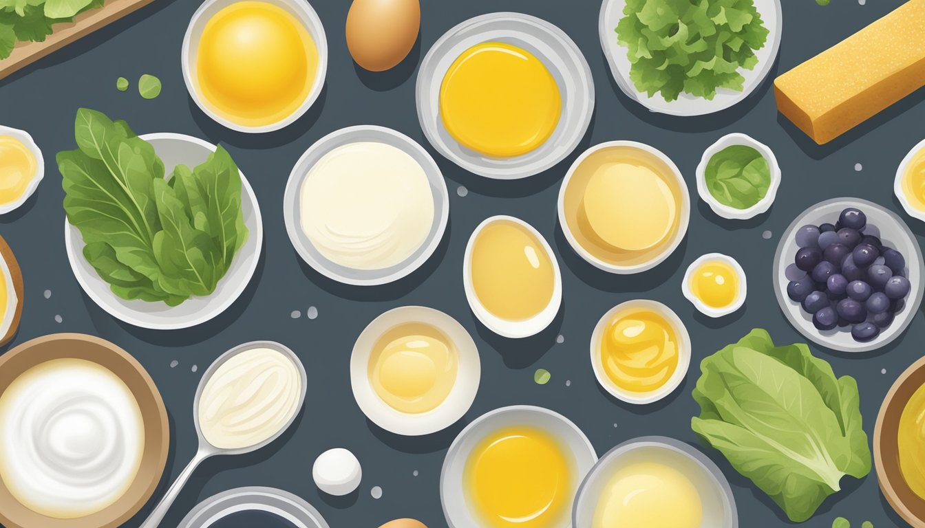 A variety of natural thickeners (such as xanthan gum, cornstarch, or egg yolk) being added to a watery salad dressing, transforming it into a thicker, more textured consistency