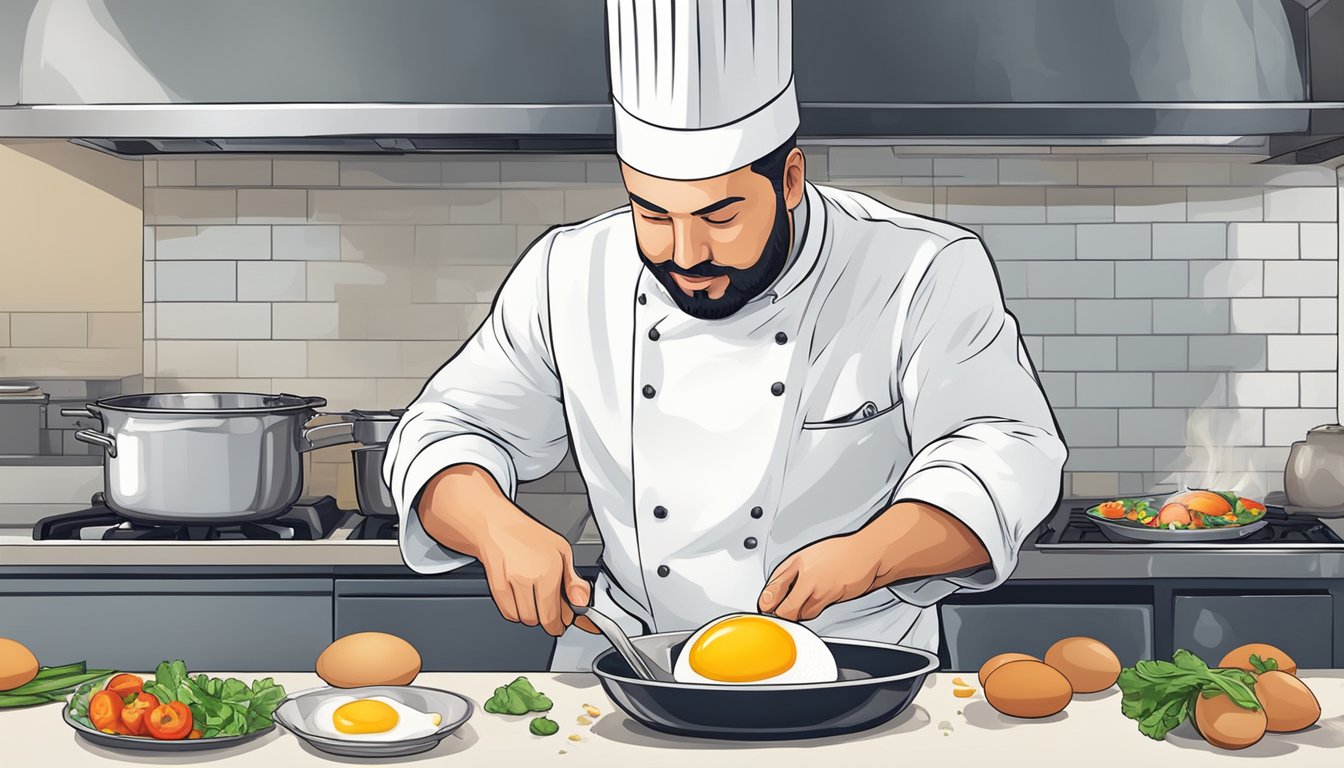 A chef skillfully revives overcooked eggs, adding vibrant ingredients to enhance the dish