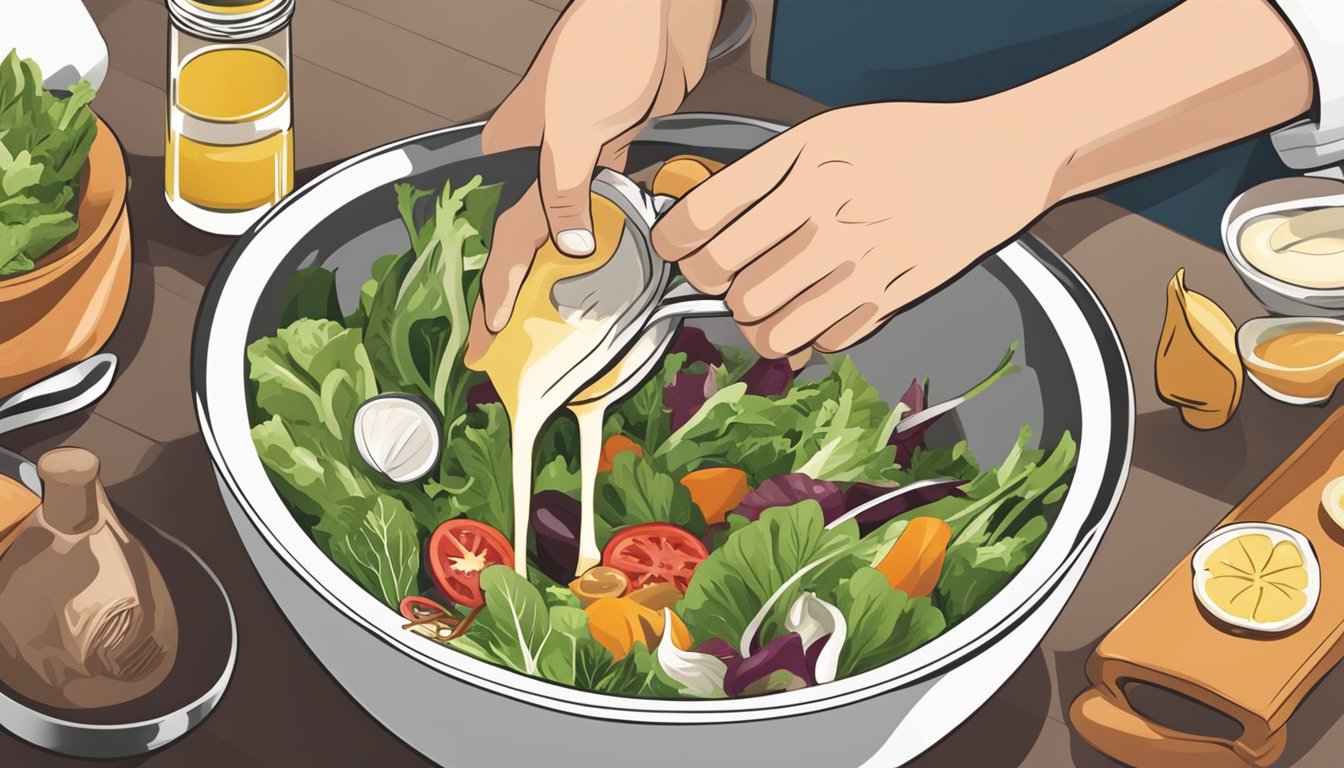 A hand pouring ingredients into a bowl of salad dressing, adding spices and whisking vigorously