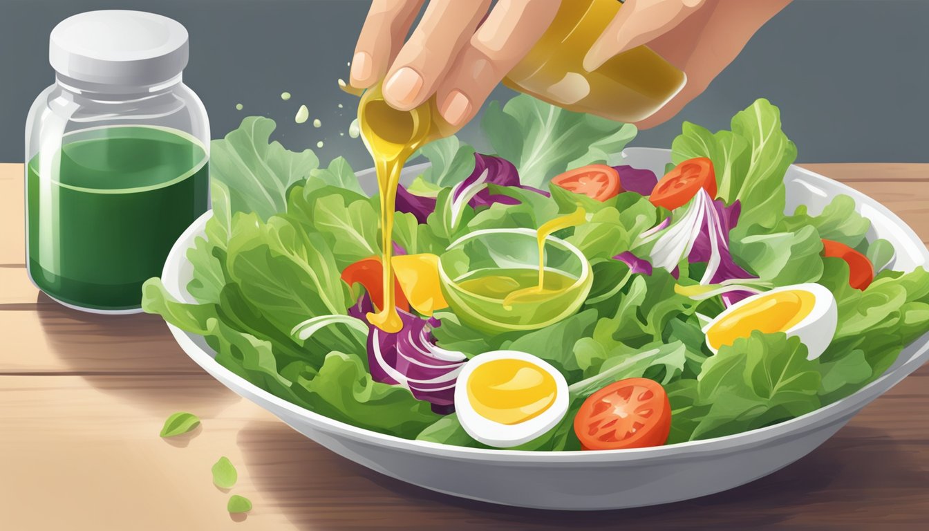 A hand pouring thickening agent into a bowl of watery salad dressing