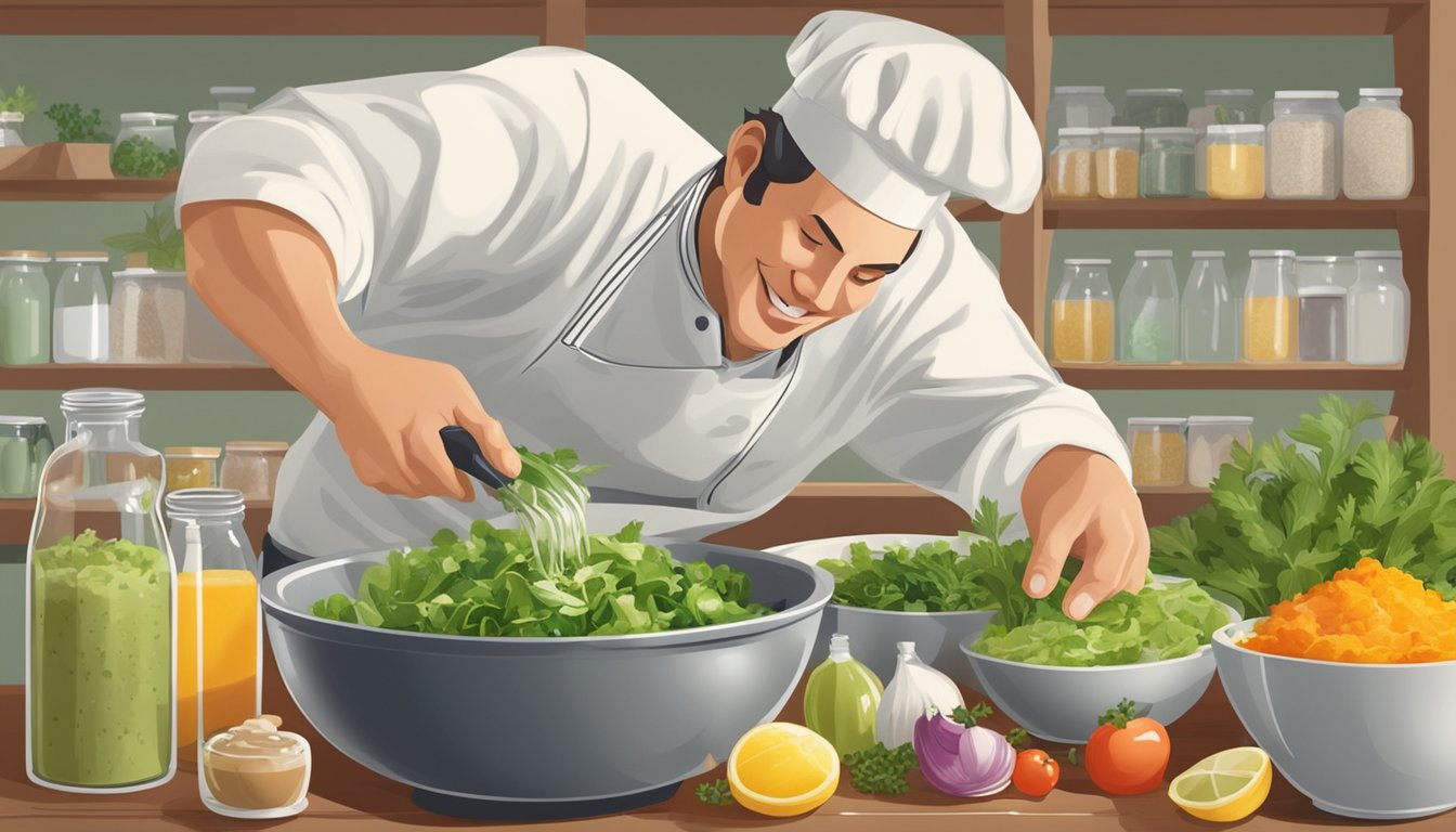 A chef pouring thickening agents into a bowl of watery salad dressing, surrounded by jars of specialty ingredients and fresh herbs