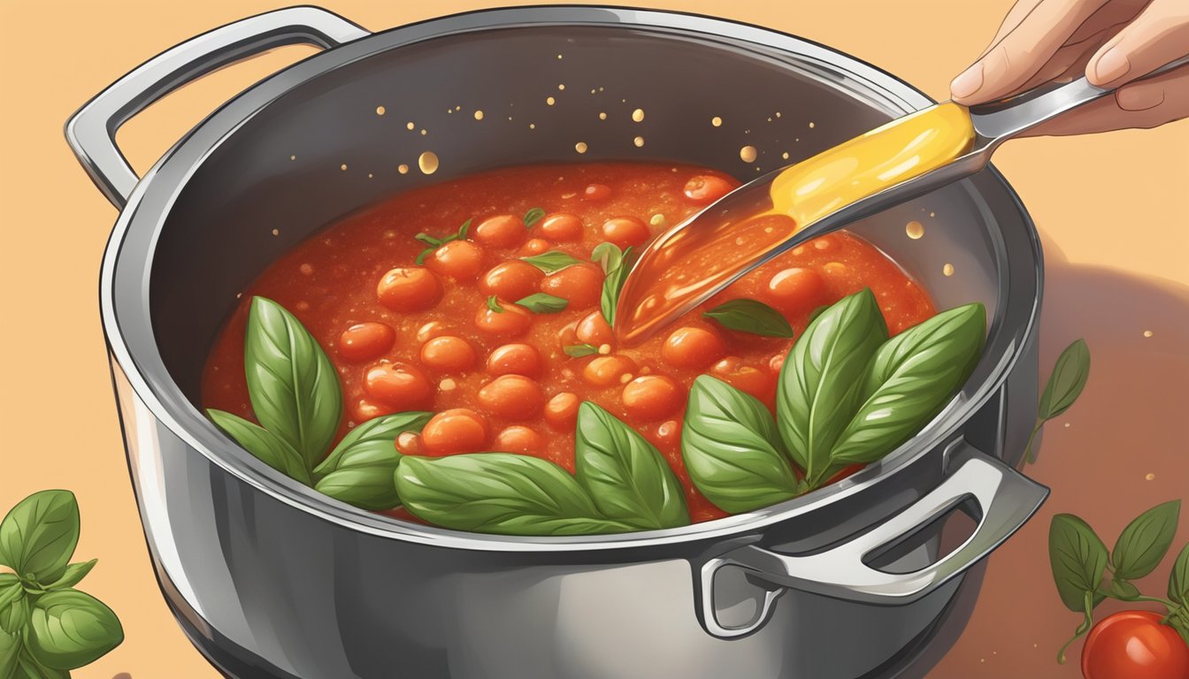 Fresh basil, a sprinkle of sugar, and a drizzle of olive oil being added to a pot of bubbling tomato sauce