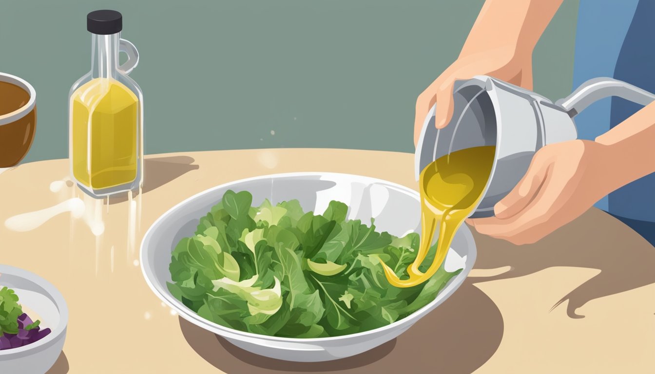 A hand pouring oil into a bowl of watery salad dressing, while another hand stirs the mixture with a whisk