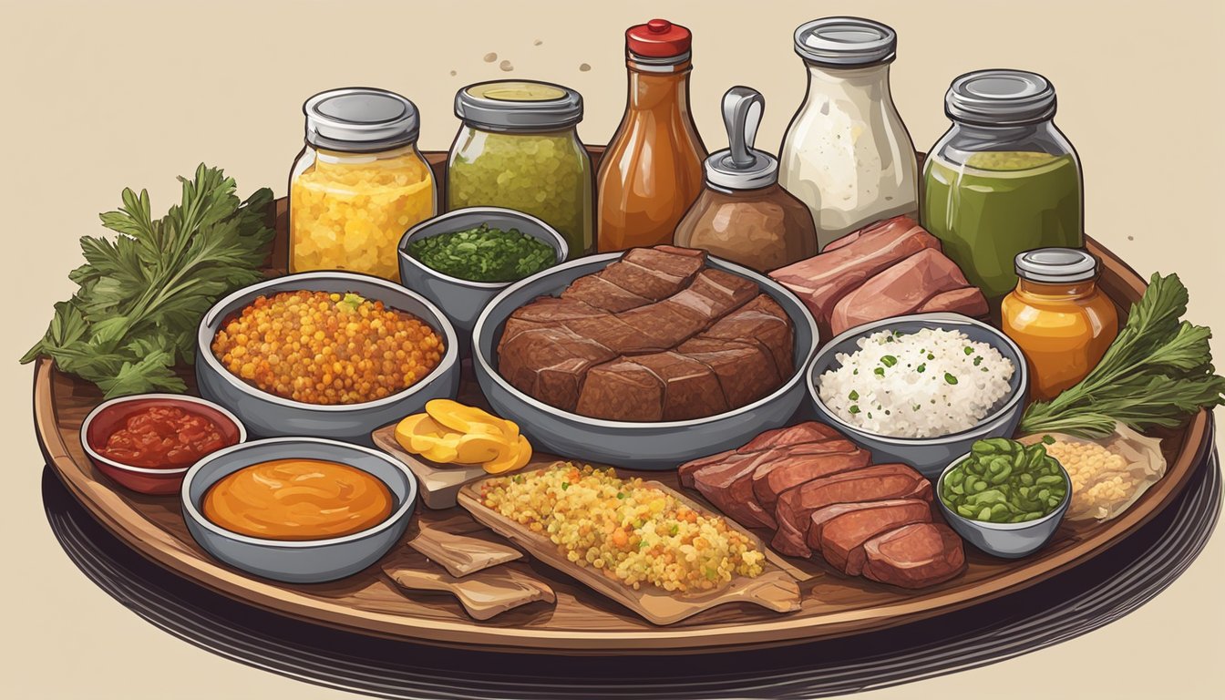 A variety of condiments and seasonings arranged around a platter of overcooked meat, ready to be used to enhance the flavor