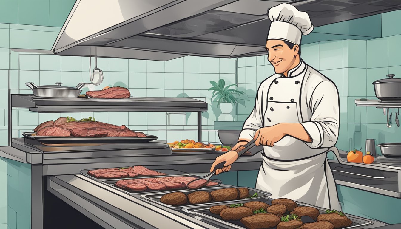 A platter of overcooked meat being removed from the oven, with a chef adding garnishes and arranging serving utensils