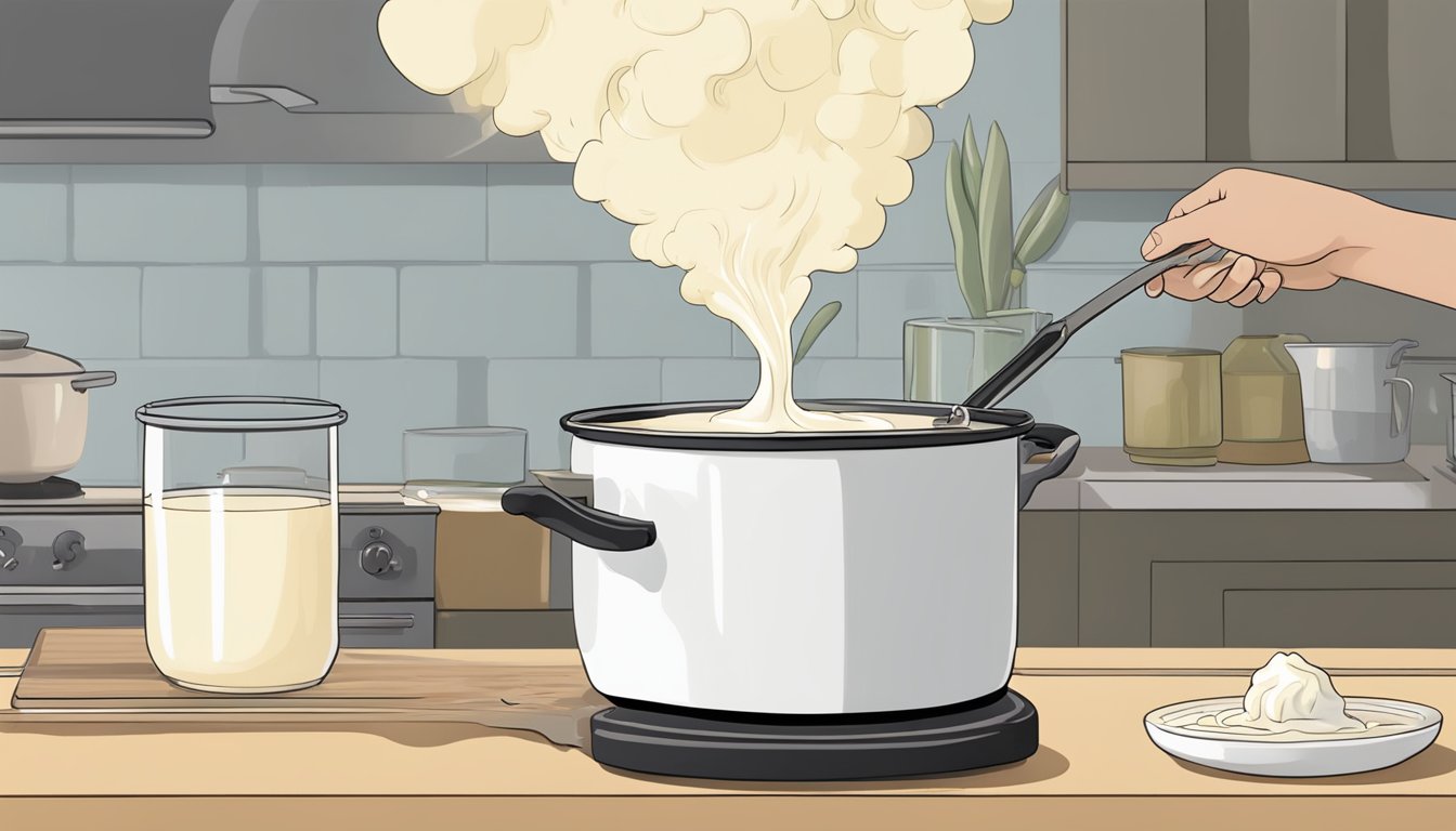 A pot of curdled milk being gently heated and stirred until smooth