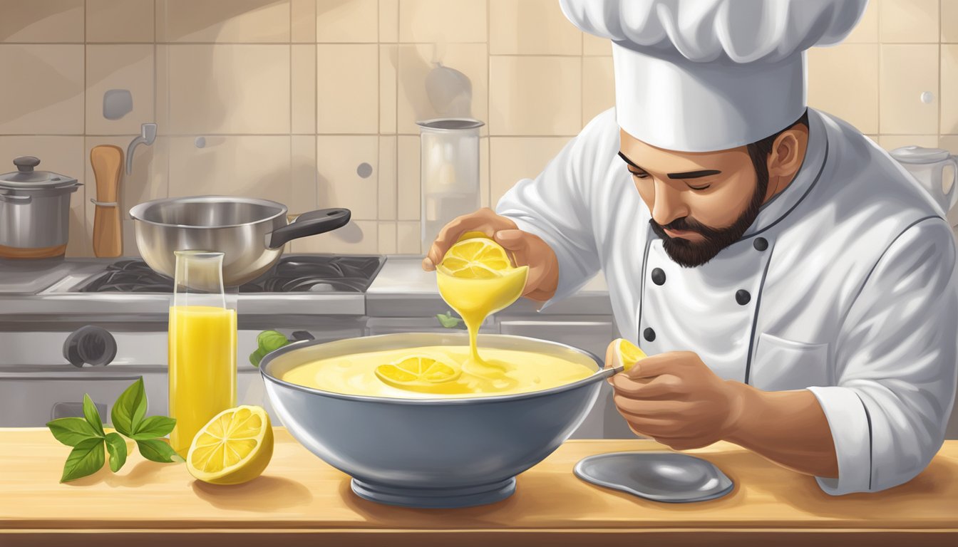 A chef adding lemon juice to curdled milk in a bowl