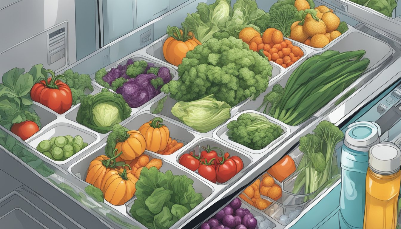 A hand reaching for wilted vegetables, surrounded by containers of water, ice, and a refrigerator to depict freshness preservation