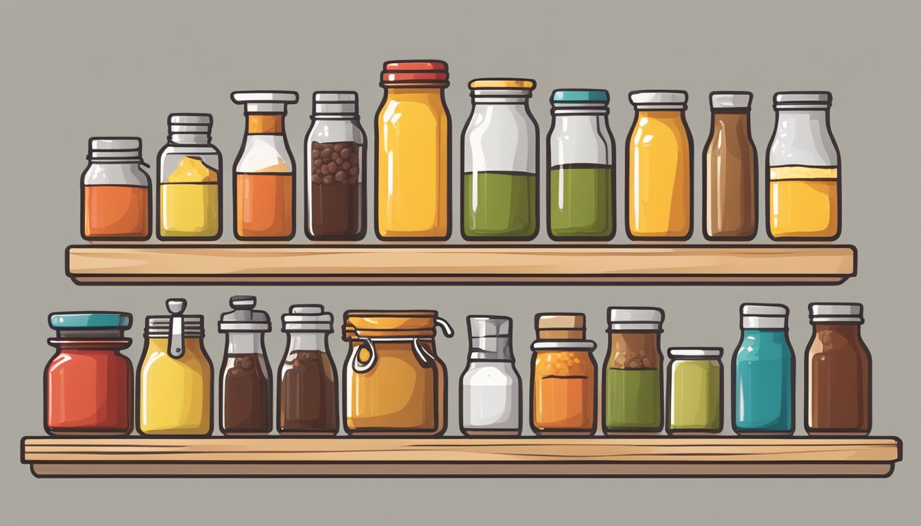 Various condiment bottles neatly arranged on a kitchen counter, with small containers and spoons for pairing and storing sauces