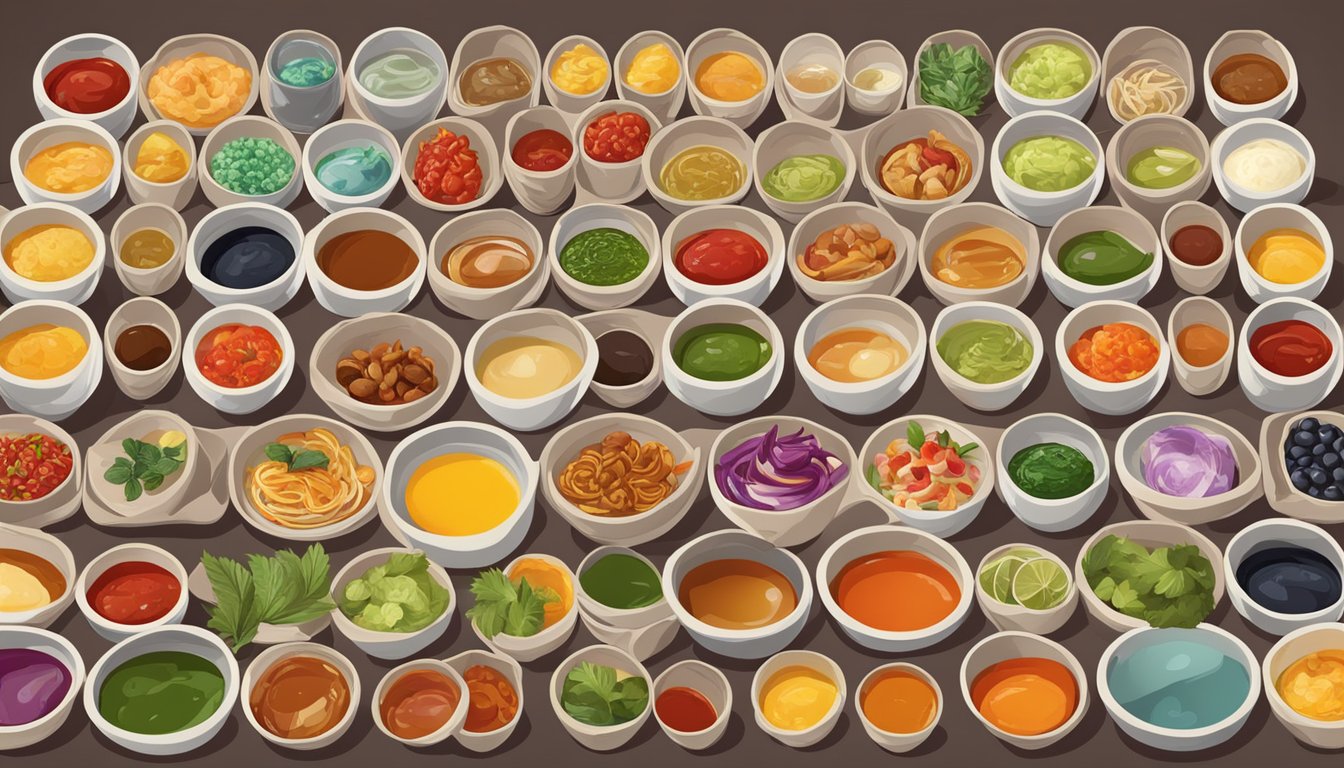 A table with various small bowls filled with colorful and distinct sauces from different parts of the world, each separated and neatly arranged