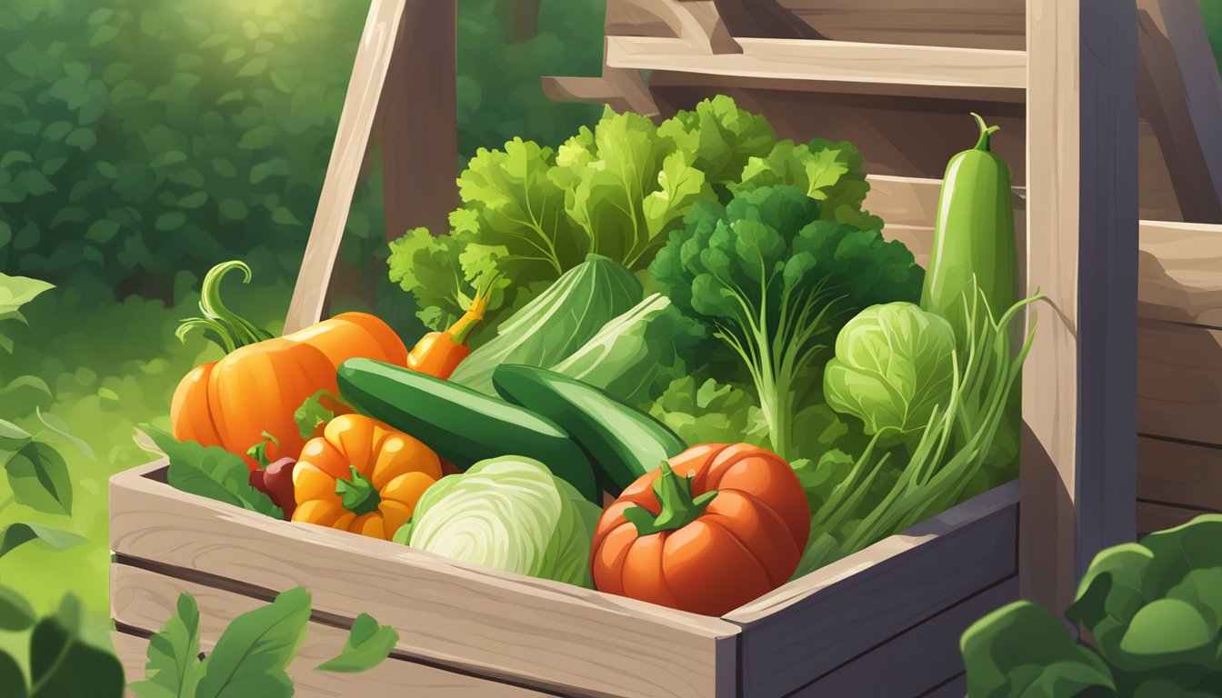 Fresh vegetables being revitalized in a compost bin, surrounded by greenery and sunlight