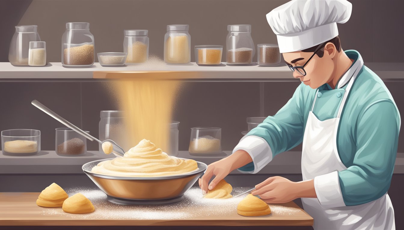 A pastry chef carefully measures and adds a small amount of salt to a bowl of overly sweet dessert batter, adjusting the flavor profile