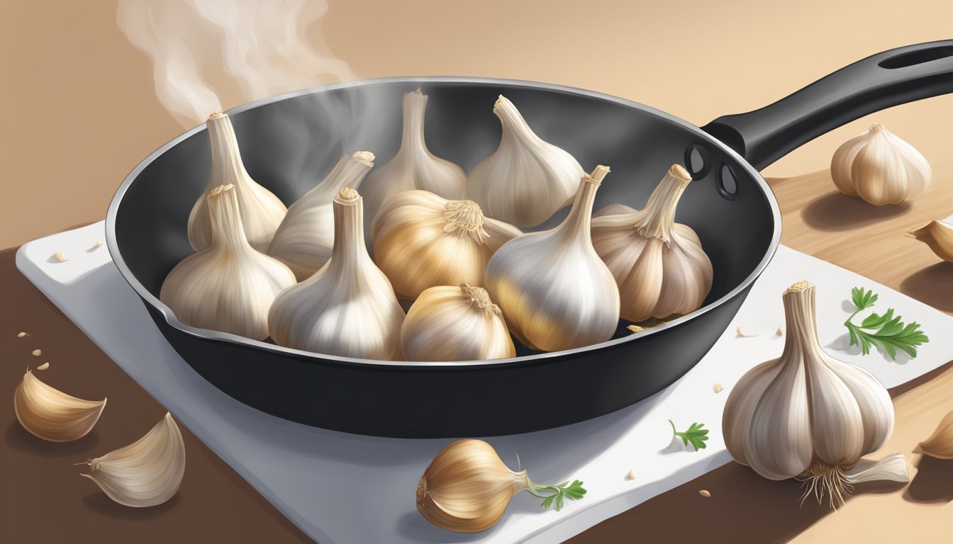 Garlic cloves sizzling in a pan, emitting a burnt odor. A hand reaches in, removing the cloves and placing them on a cutting board