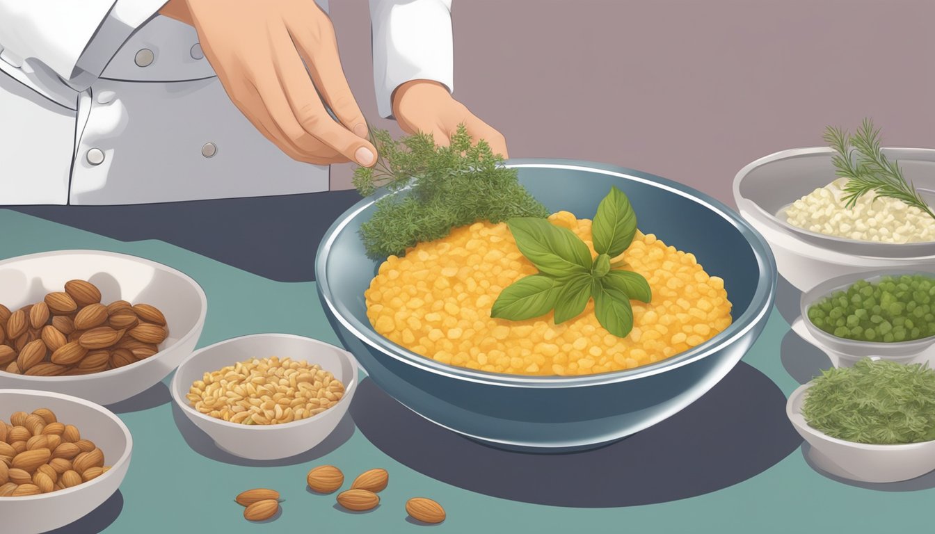 A chef adding savory ingredients to a bowl of overly sweet dessert, such as herbs, cheese, or nuts, to balance the flavors