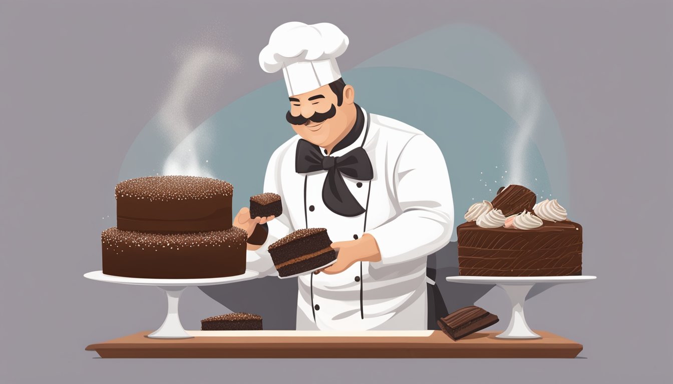 A chef adding a sprinkle of sea salt to a rich chocolate cake, balancing the sweetness with a savory touch