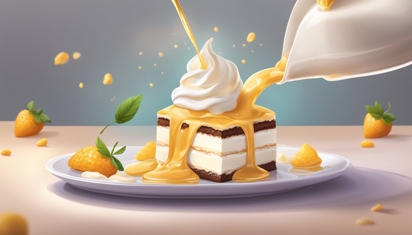 A dollop of rich cream being poured onto a too-sweet dessert, balancing the sweetness with a touch of creamy indulgence