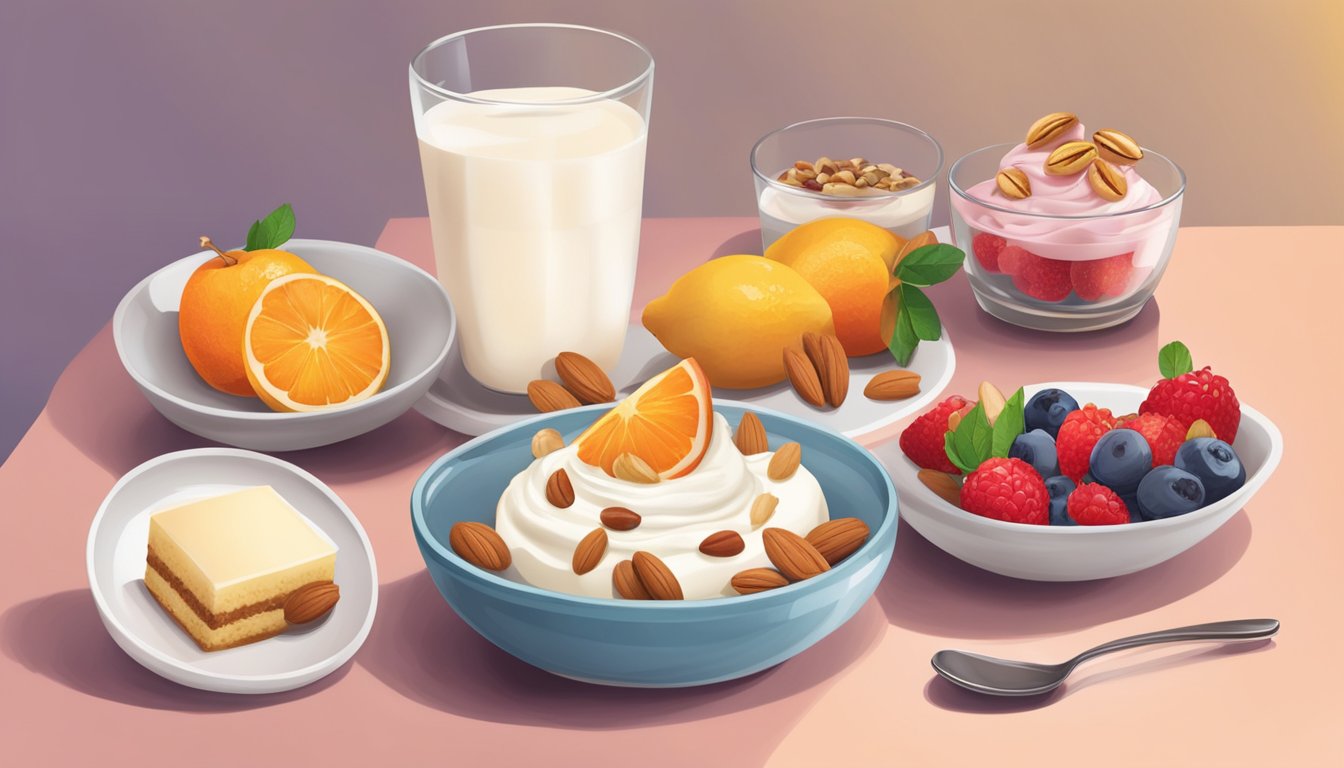 A table with fresh fruit, nuts, and yogurt next to a plate of overly sweet desserts being replaced with healthier options