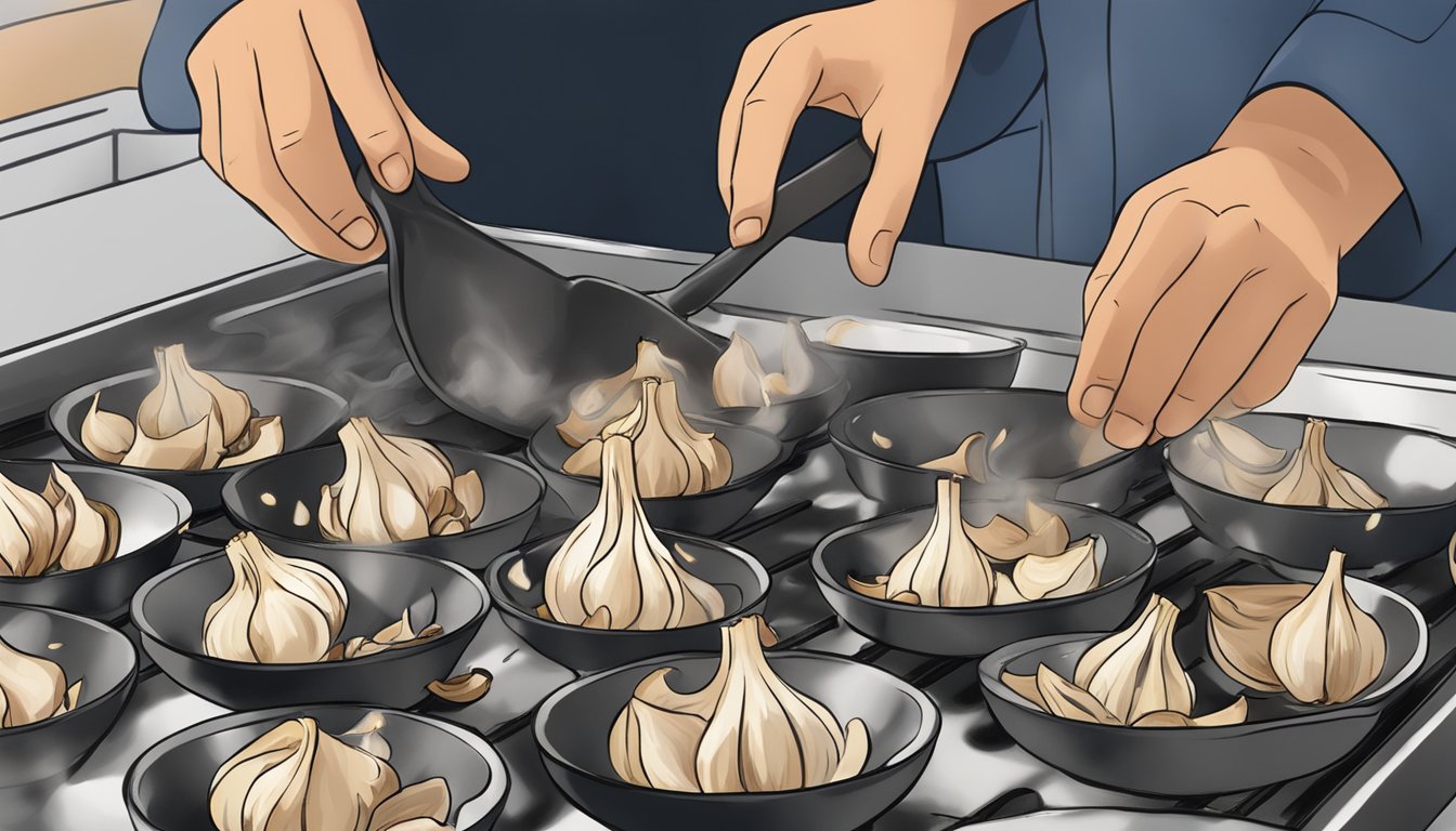 Burnt garlic being carefully removed from the pan, with intentional focus on salvaging the charred pieces