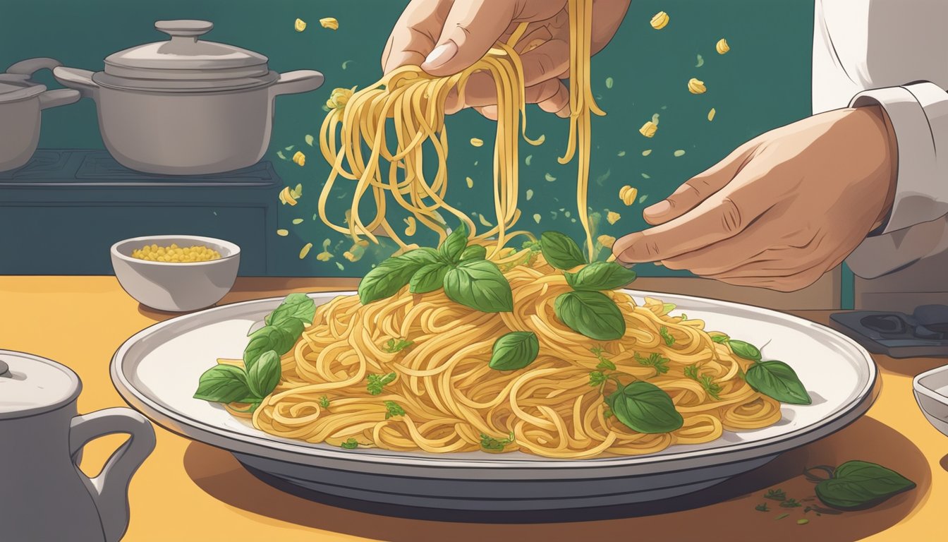 A hand sprinkles herbs onto a plate of overcooked pasta, while steam rises from the dish