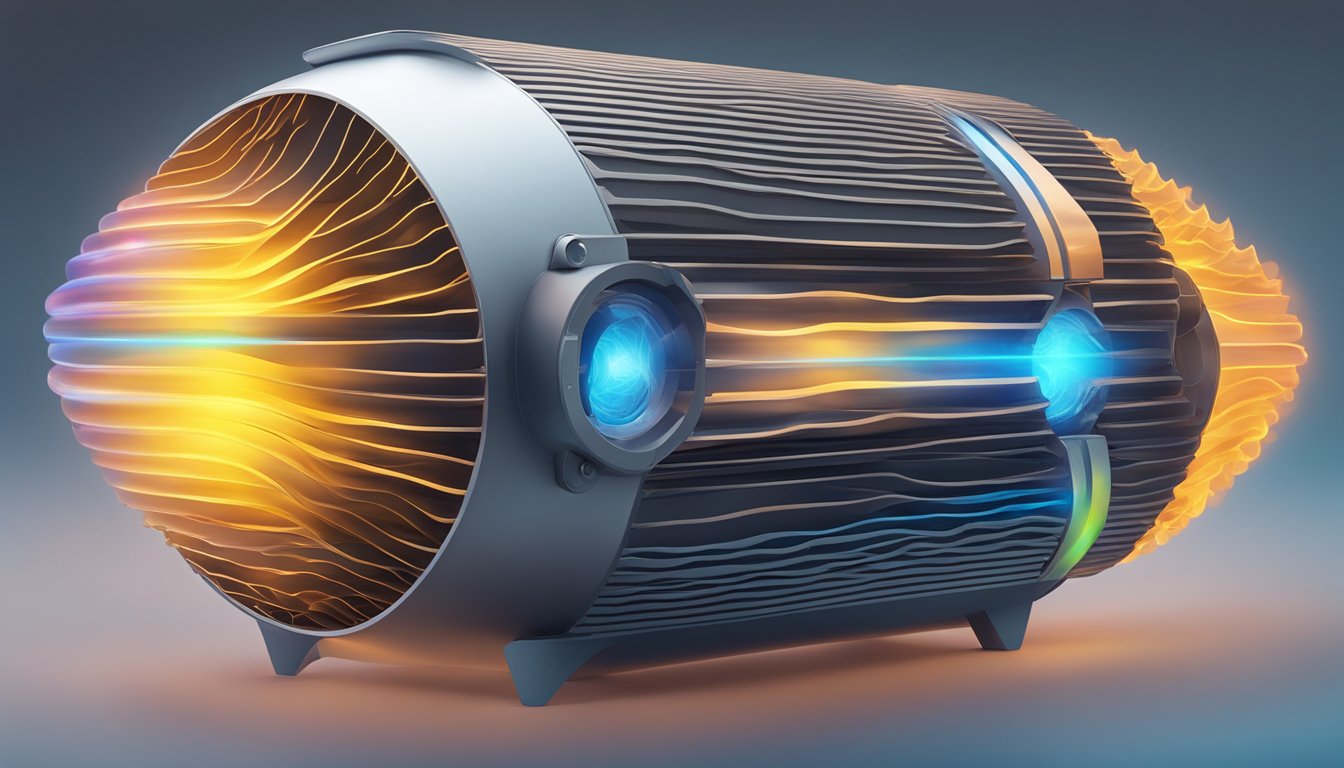 A futuristic device emitting waves that cool down a blazing hot environment