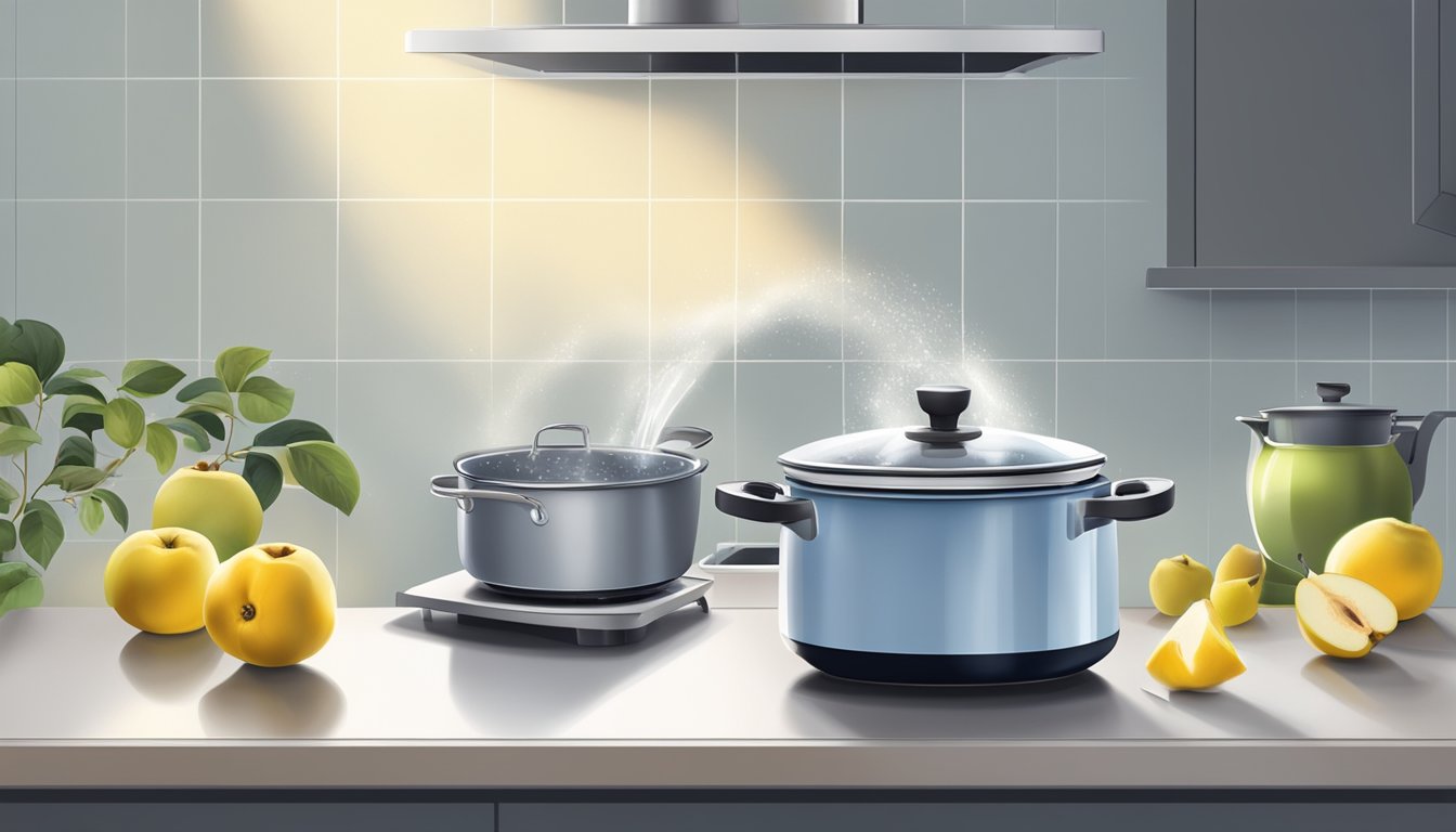 A pot of water boiling on a stovetop, with fresh quince fruit and a timer nearby