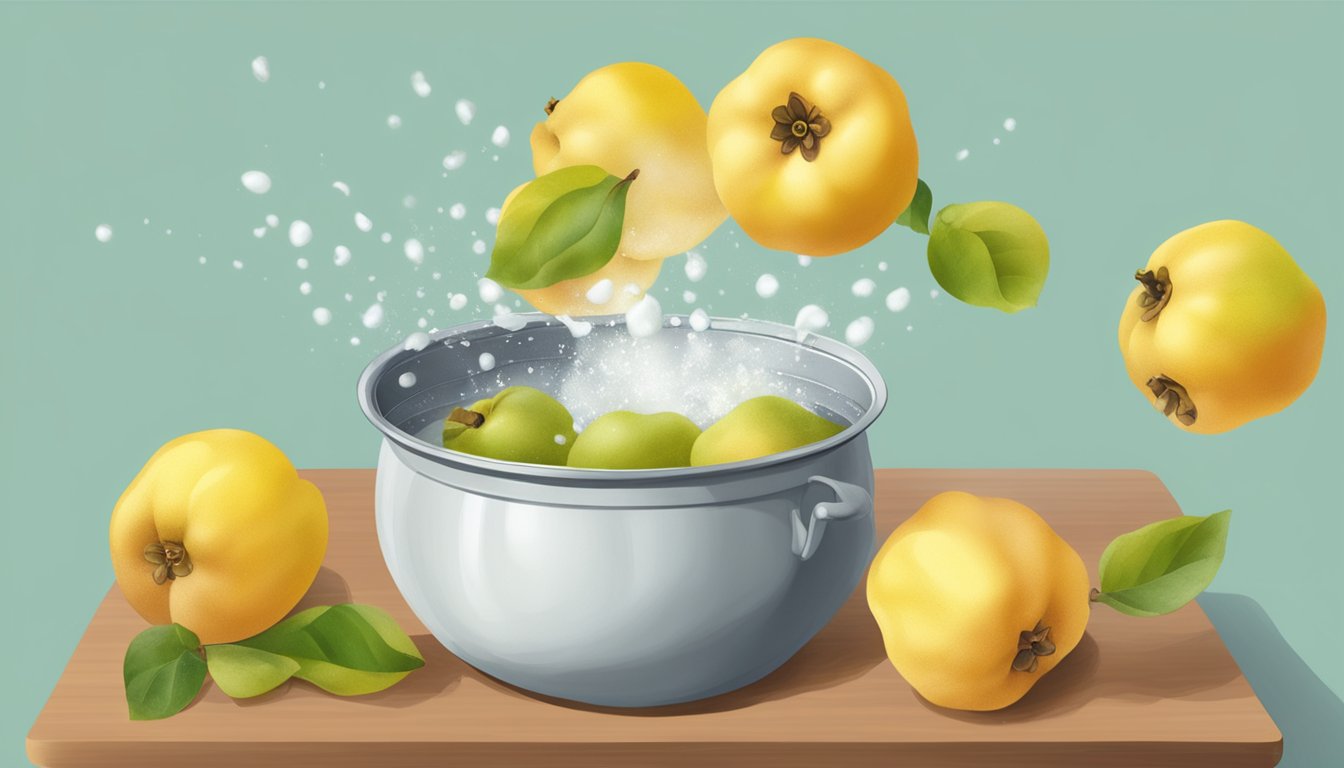 Fresh quince being dropped into a pot of boiling water