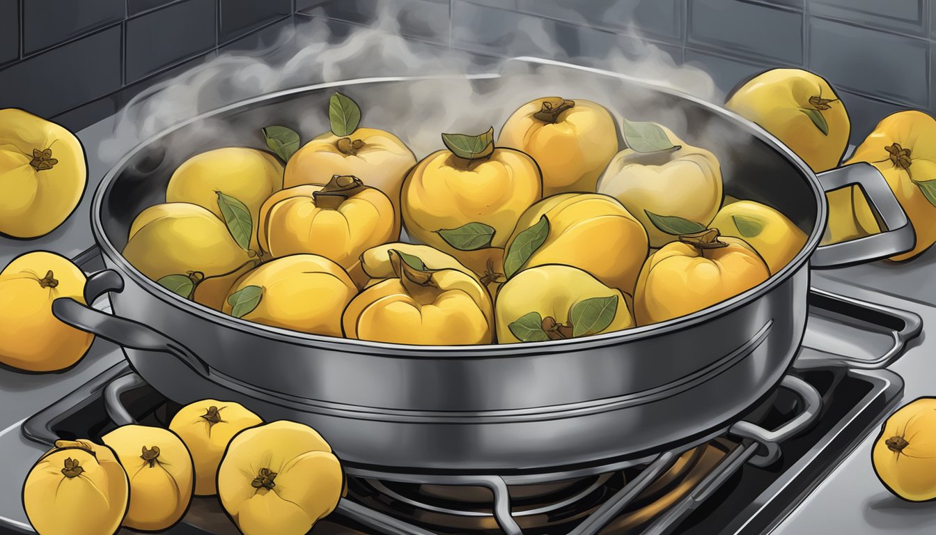 A pot of quinces simmering on a stove, steam rising as they boil for preserves and pies