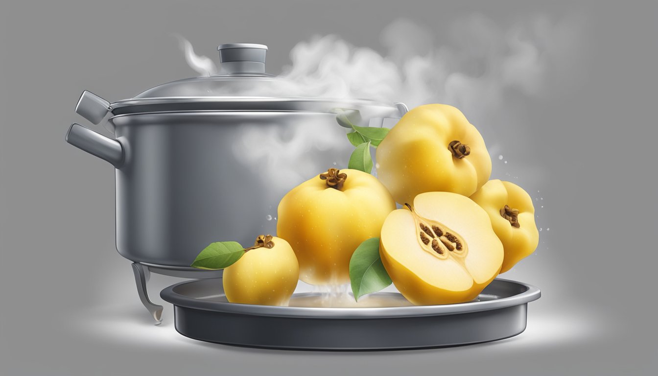 A pot of boiling water with fresh quince being dropped in, steam rising