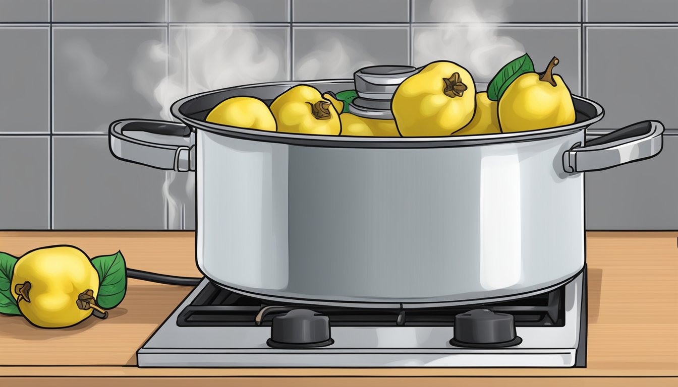 Fresh quince boiling in a pot on a stove, steam rising