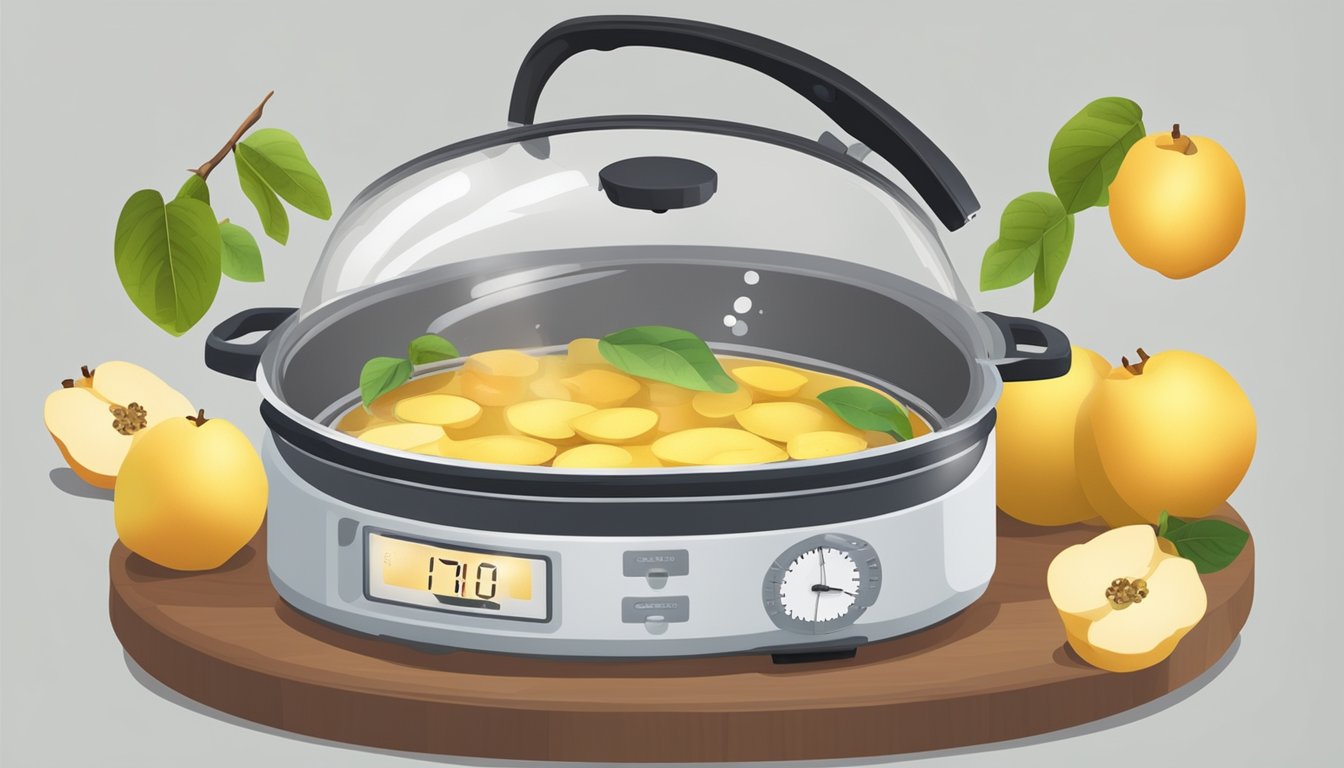 A pot of boiling water with fresh quince floating inside, a timer set for the required boiling time, and a pie cooling on a nearby rack