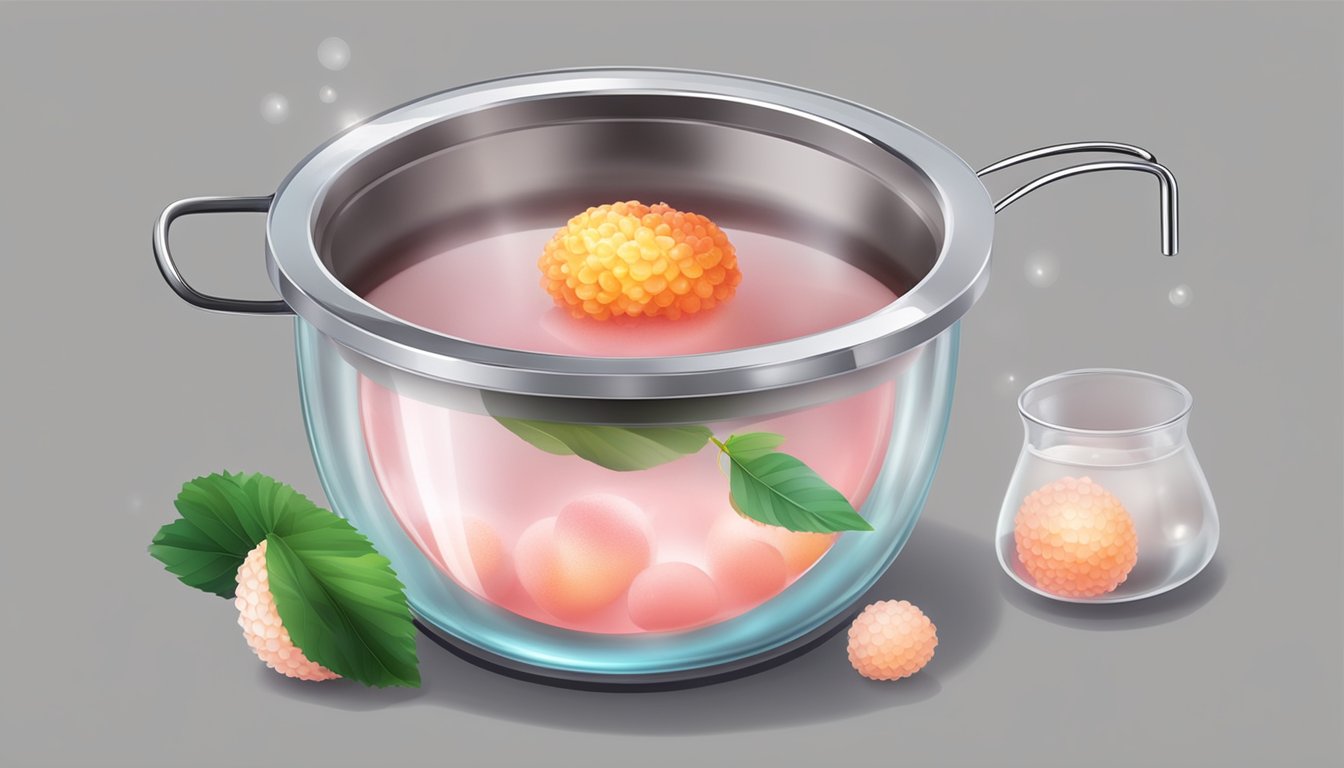 A pot of boiling water with fresh lychee floating inside. A timer set for the recommended boiling time for cocktails and desserts