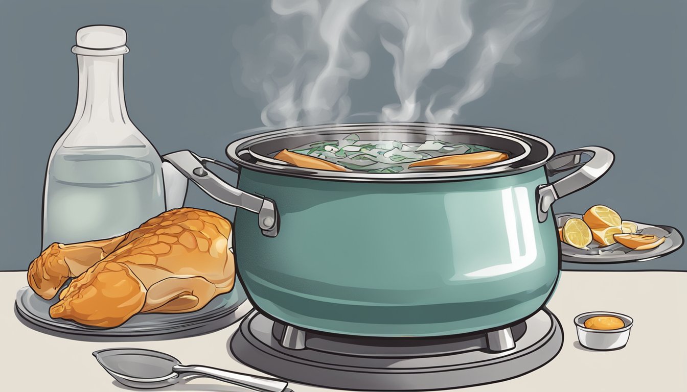 A pot of boiling water with fresh duck legs being carefully lowered in