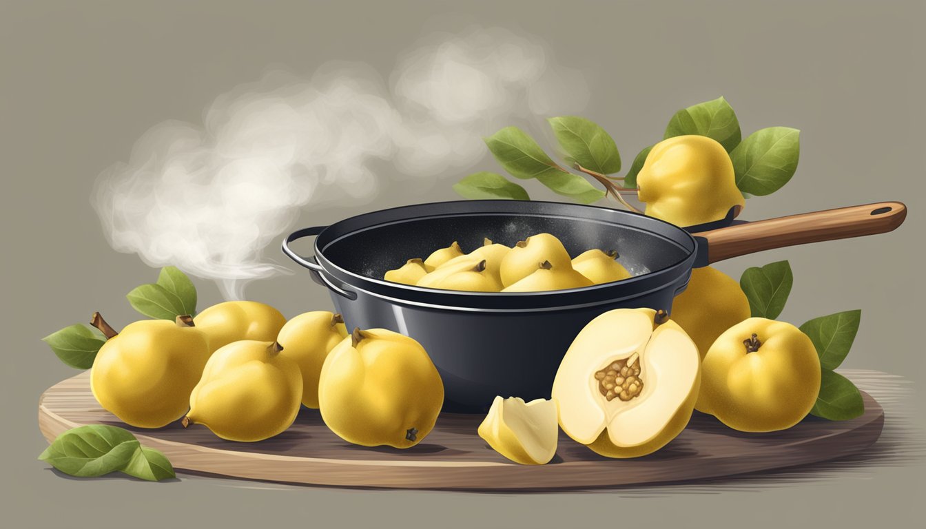 Fresh quinces being gently boiled in a skillet, steam rising, with a wooden spoon and a bowl of sugar nearby for making preserves and pies