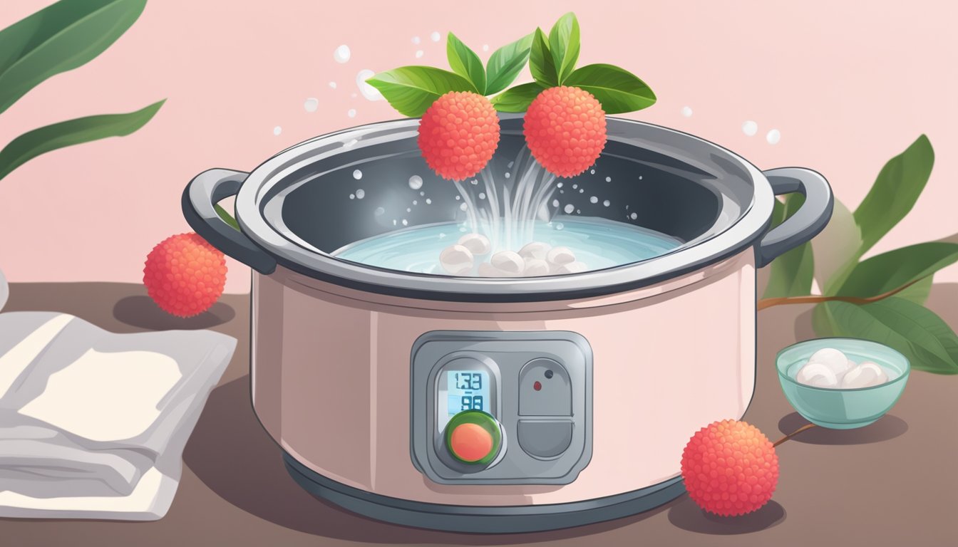 Fresh lychee boiling in a pot of water, steam rising, with a timer set nearby