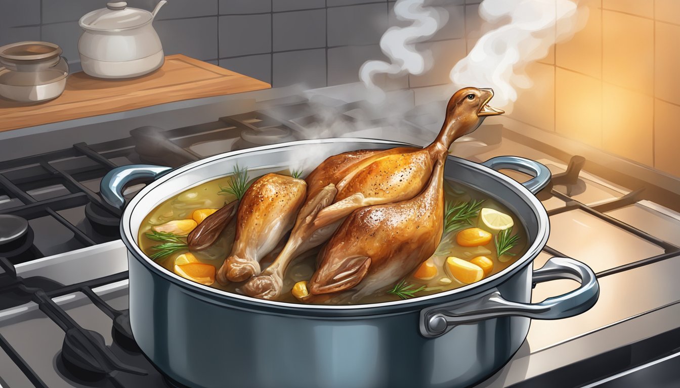 Fresh duck legs simmering in a pot of boiling water, steam rising as they cook for confit and roasts