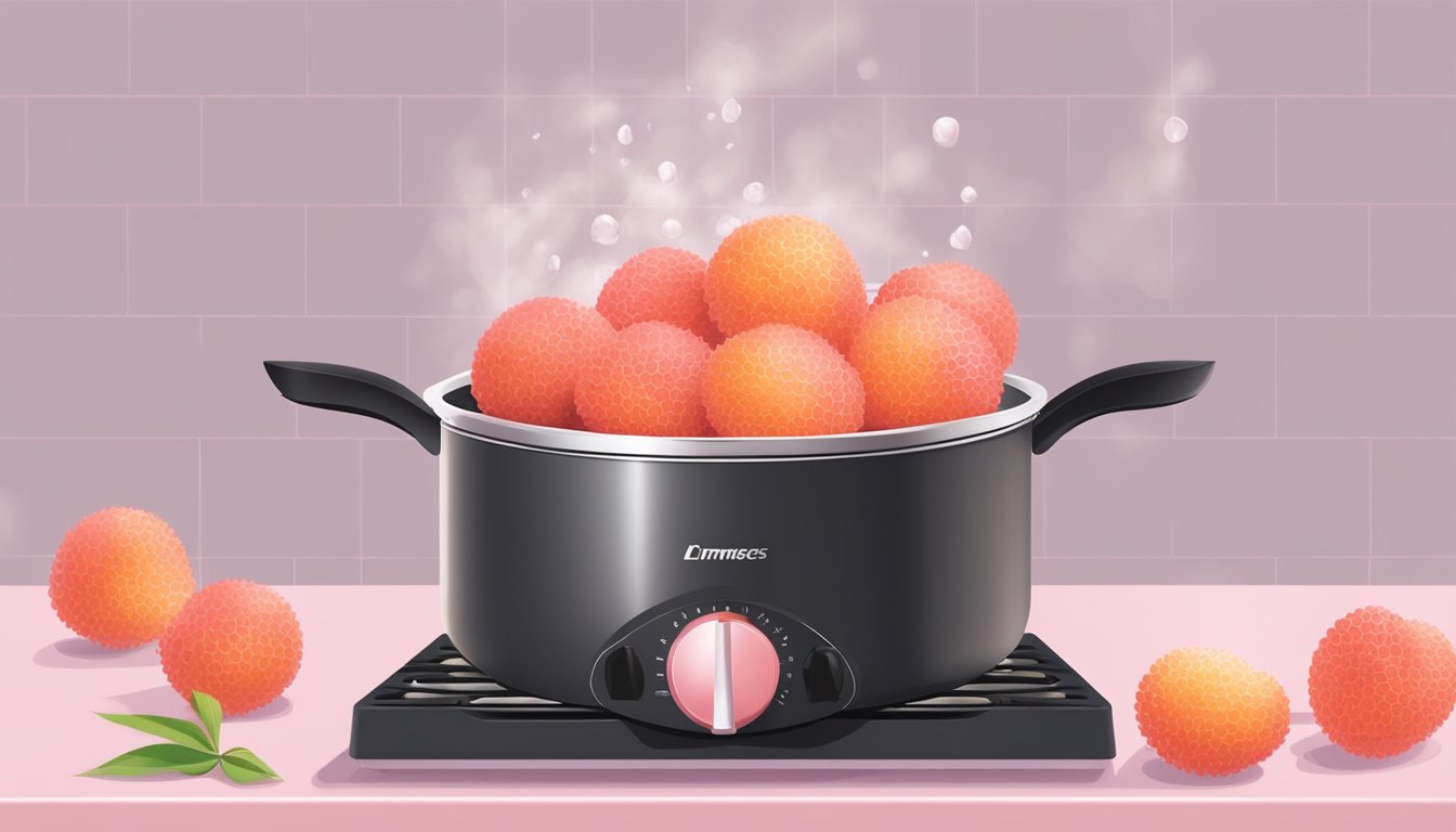 Fresh lychees boiling in a pot on a stovetop, releasing their sweet aroma as the water turns a light pink color