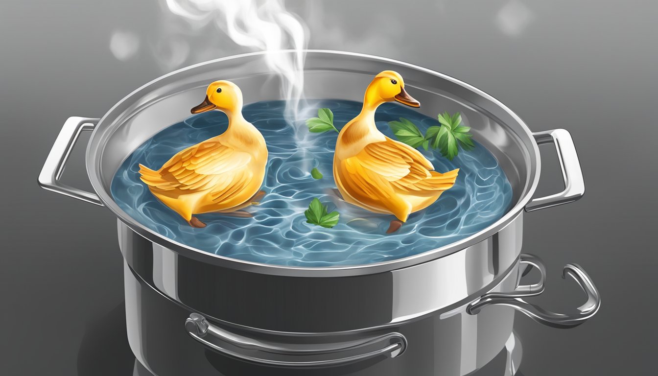 Fresh duck legs boiling in a pot of aromatic liquid, steam rising, with a timer set nearby