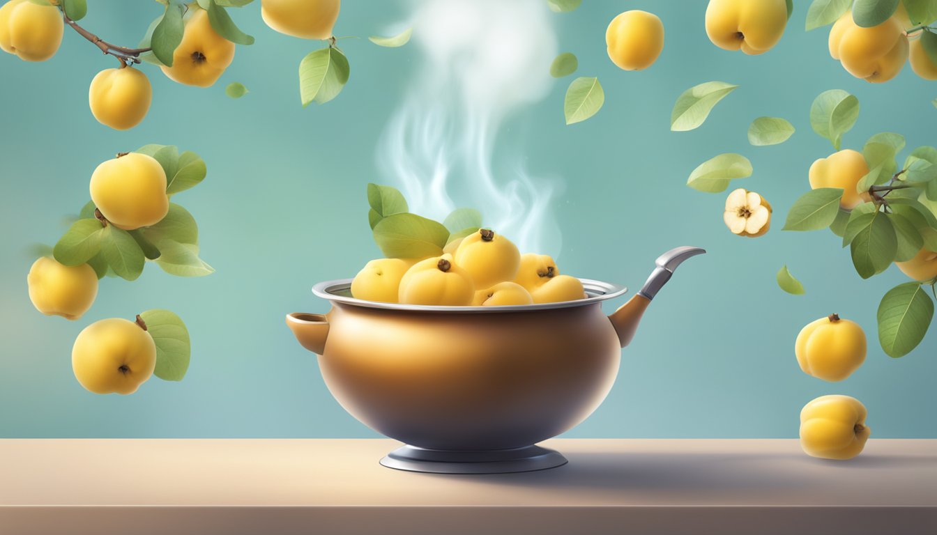 A pot of boiling water with fresh quince floating inside, steam rising