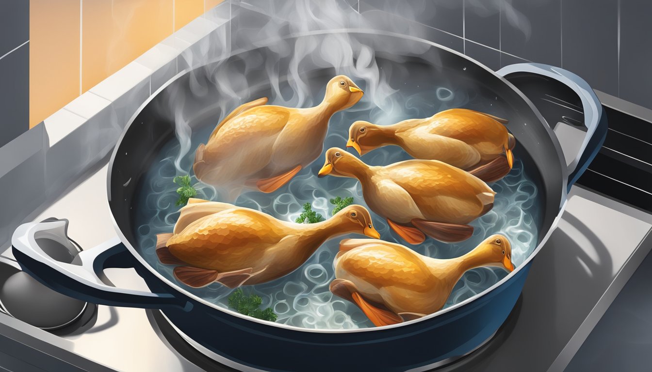 Fresh duck legs boiling in a large pot of water on a stovetop, steam rising as they cook for confit and roasts