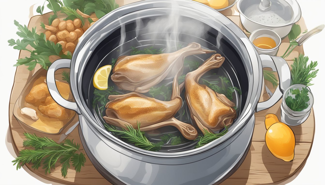 A pot of boiling water with fresh duck legs being submerged for confit and roasts