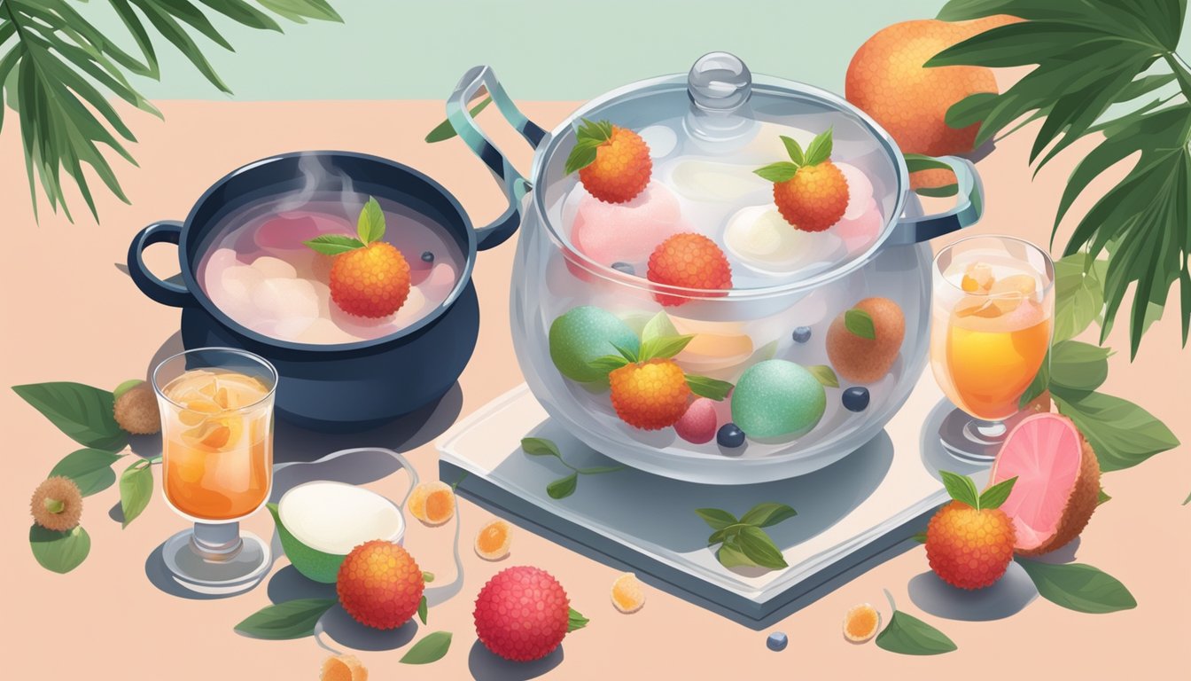 A pot of boiling water with fresh lychee inside, surrounded by various cocktail and dessert ingredients