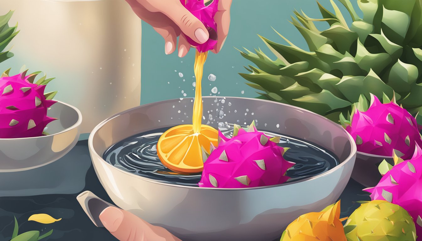 A person placing fresh dragon fruit into boiling water