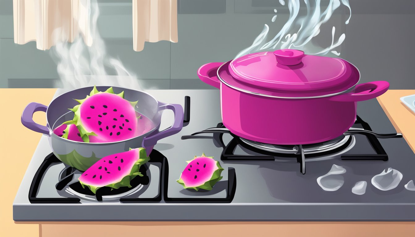 A pot of water boiling on a stove, with a fresh dragon fruit sitting on the counter next to it